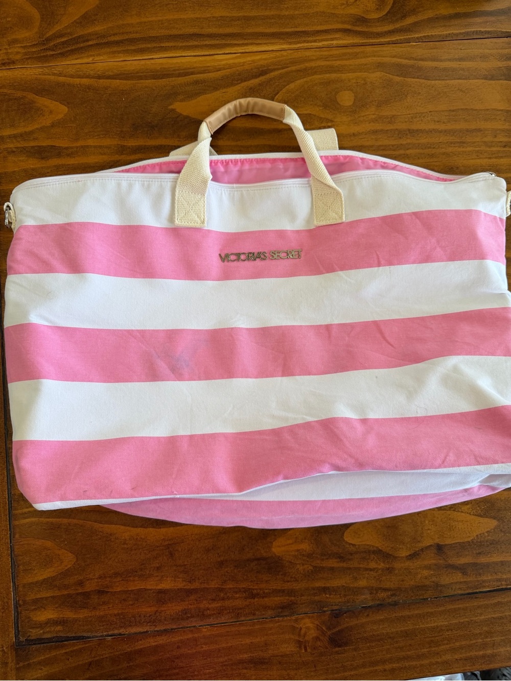 Victoria's Secret Pink and White Striped Weekend Tote with Larger Carrying Strap